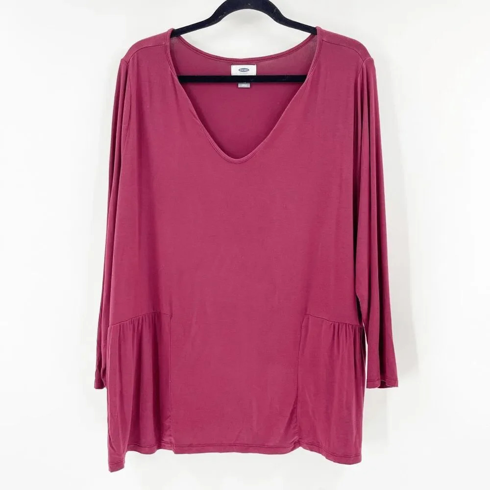 Old Navy Womens Tunic Blouse Size XL Maroon Red V Neck Long Sleeve Ruffle Hem‎